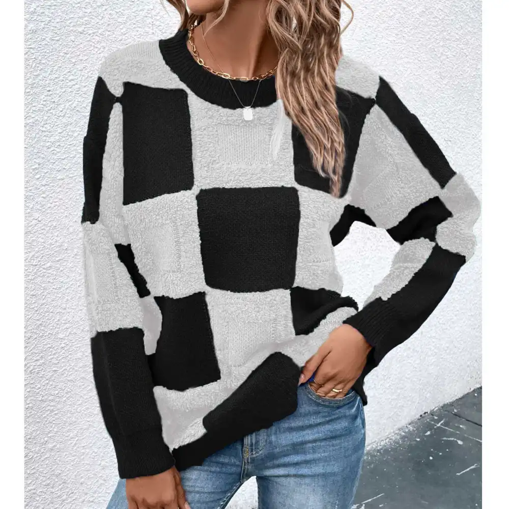 Long Sleeve Crewneck Sweater Women Loose Casual Elegant Plaid Knit Pullover Top Shirt for Dating Black S