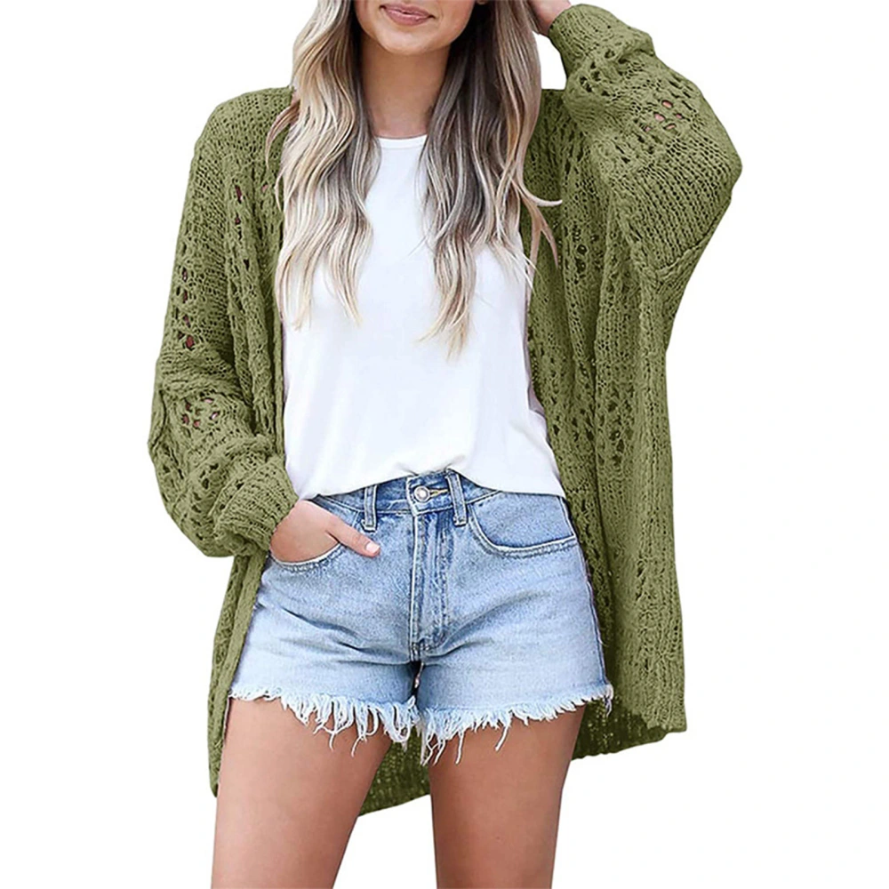 Hollow Out Open Front Top Long Sleeve Casual Fashionable Pure Color Breathable Knit Sweater for Shopping Party OD Green S