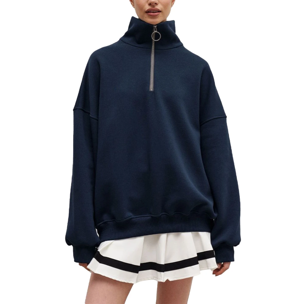 Woman Zipper Turn Down Collar Pullover Oversized Long Sleeve Sweatshirt for Winter Autumn Dark Blue L