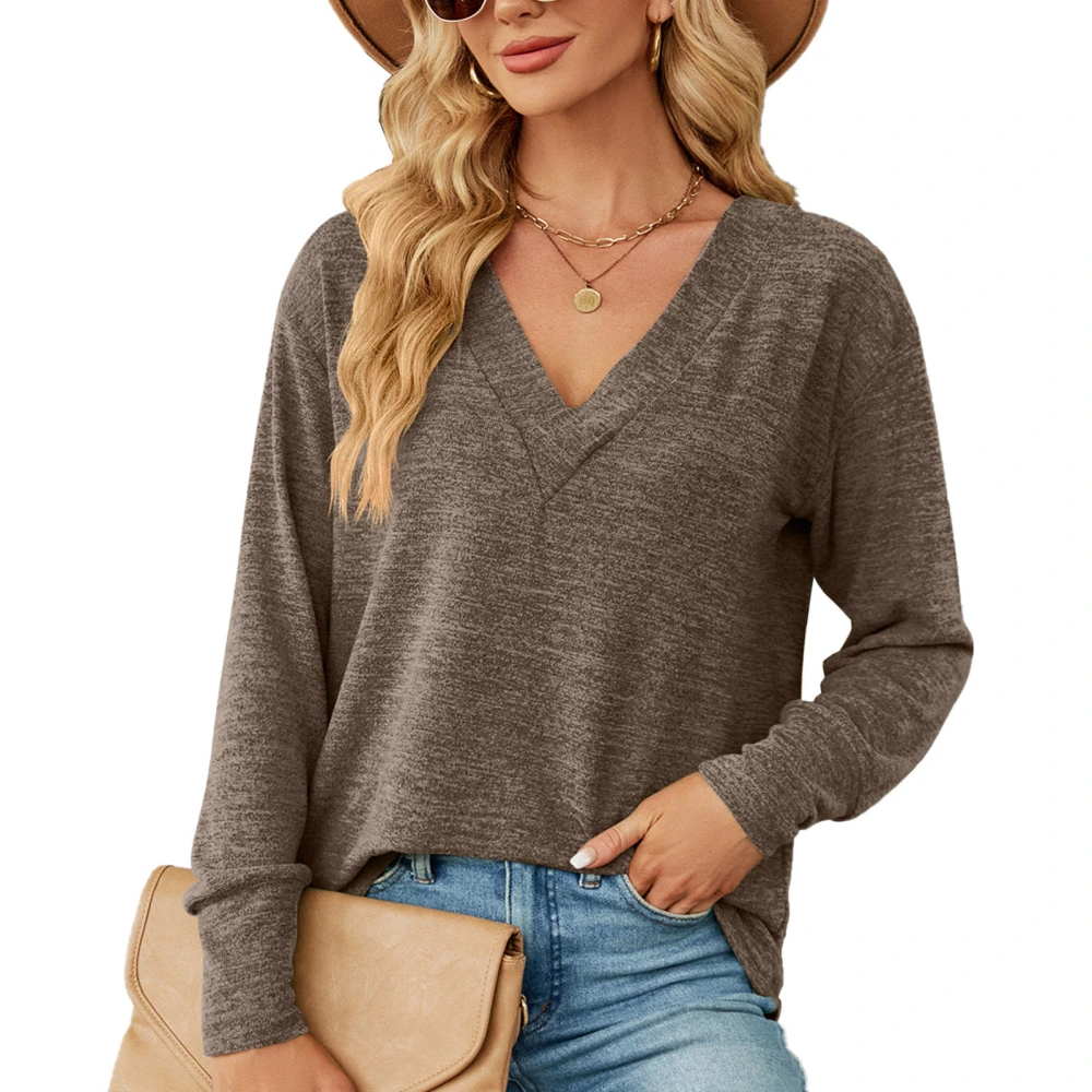 Women Blouse Long Sleeves V Neck Pure Color Loose Fit Women Shirt for Office Travel Brown XL