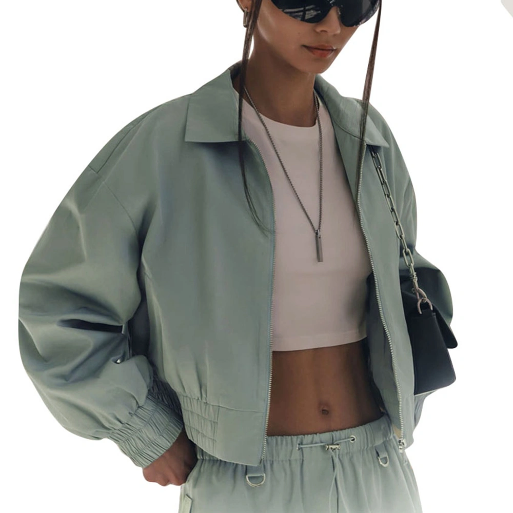 Women Personalized Short Jacket Turn Down Collar Elastic Hem Casual Zipper Short Coat for Winter Mint Green L