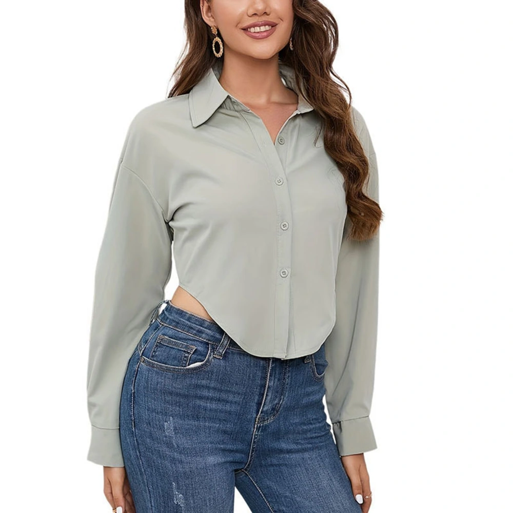 Women Long Sleeve Shirt Irregular Hem Shirt Turn Down Collar Button Down Blouse for Office Work Daily Leisure Green M