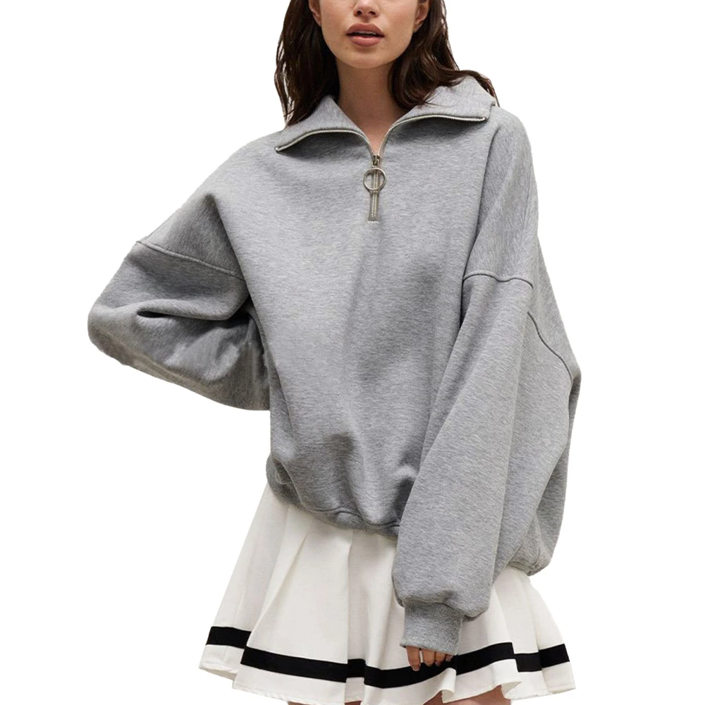 Woman Zipper Turn Down Collar Pullover Oversized Long Sleeve Sweatshirt for Winter Autumn Grey M