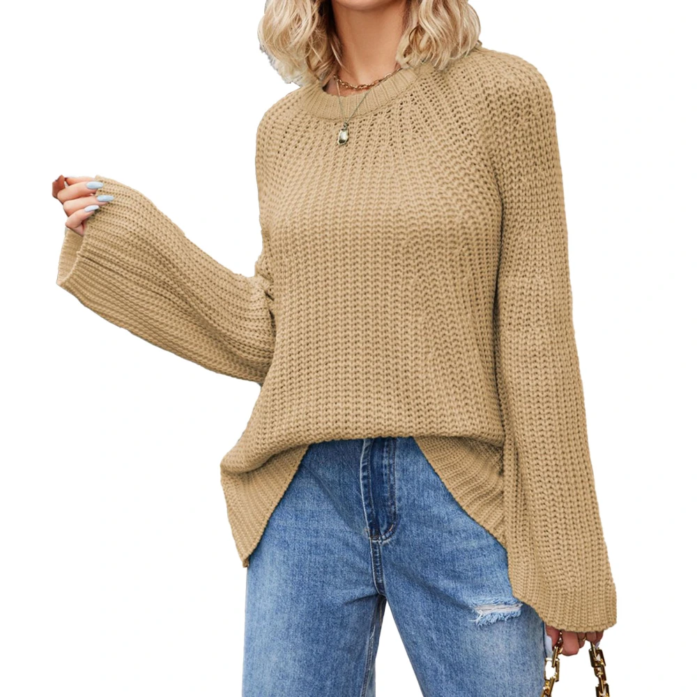 Women Knit Sweater Bell Sleeve Long Sleeve Jacket Fashion Style Loose Round Neck Pullover Jumper yellow XL