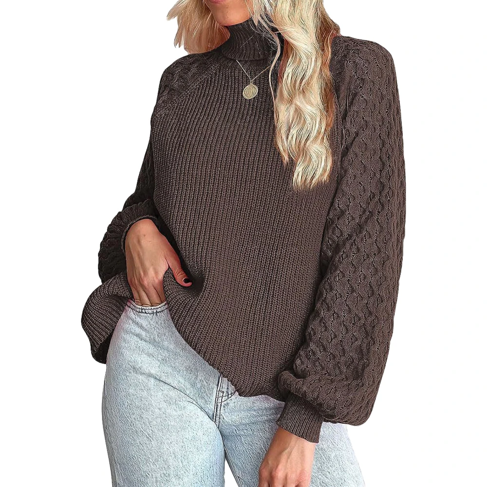 Women Turtleneck Pullover Sweater Cable Knit Lantern Sleeve Plain Color Loose Fit Sweater Brown S