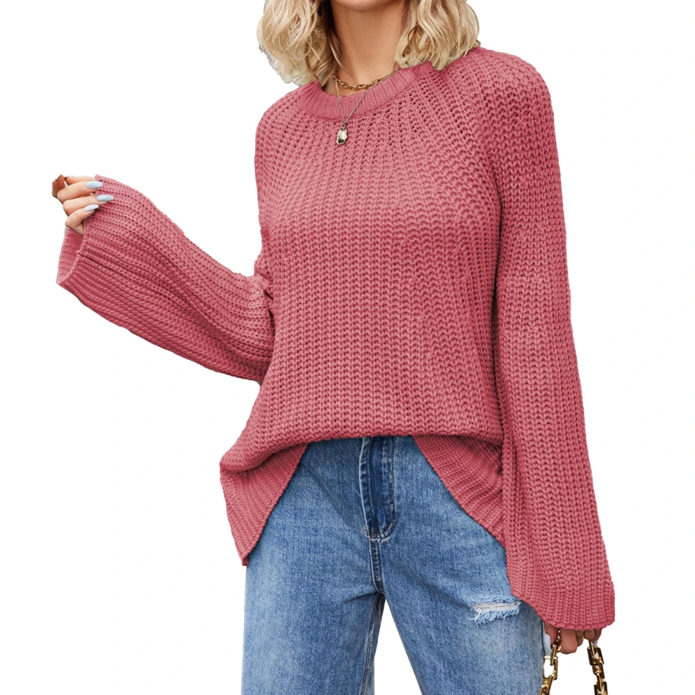 Women Knit Sweater Bell Sleeve Long Sleeve Jacket Fashion Style Loose Round Neck Pullover Jumper Red L