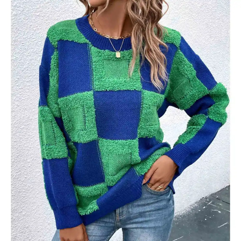 Long Sleeve Crewneck Sweater Women Loose Casual Elegant Plaid Knit Pullover Top Shirt for Dating Green L