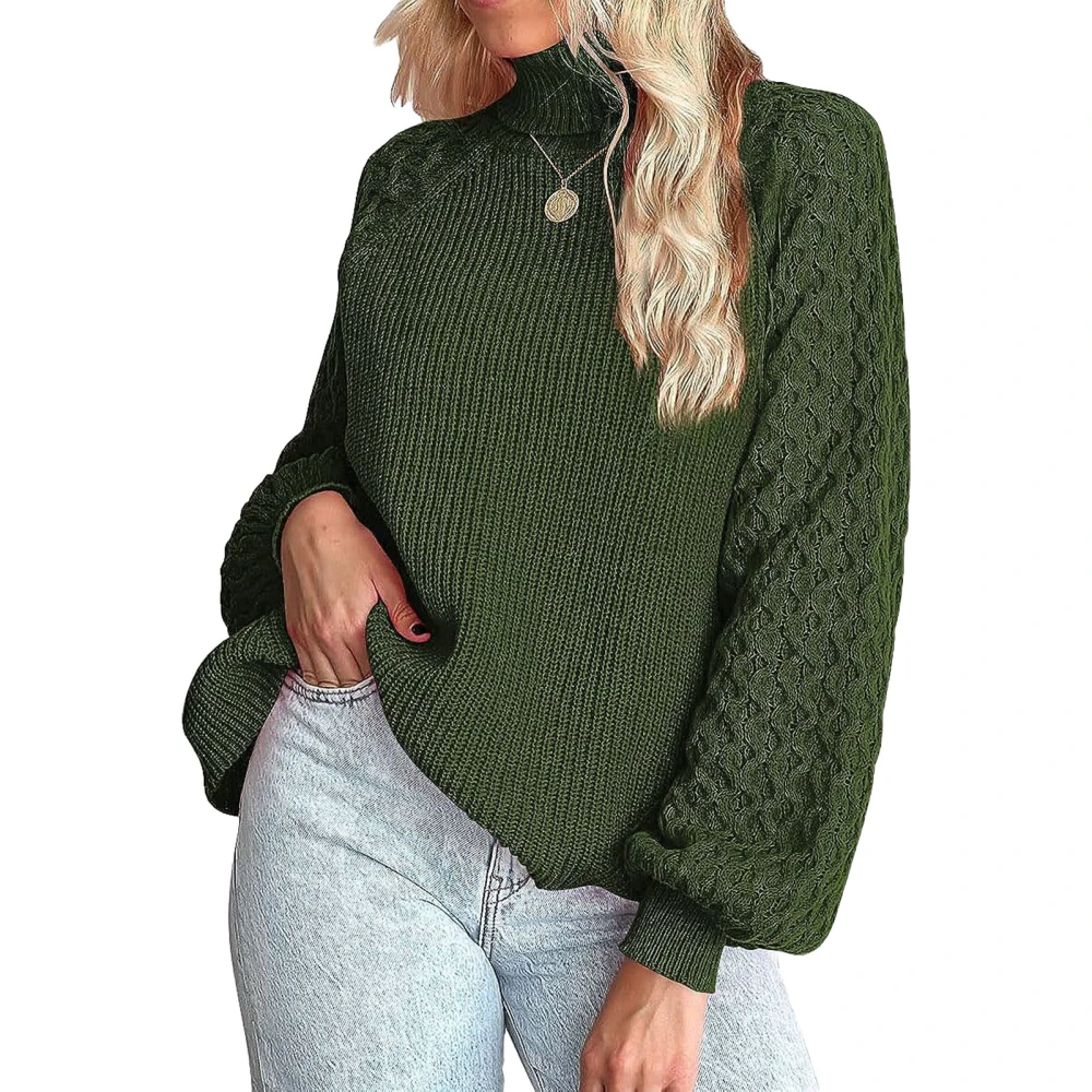 Women Turtleneck Pullover Sweater Cable Knit Lantern Sleeve Plain Color Loose Fit Sweater OD Green L