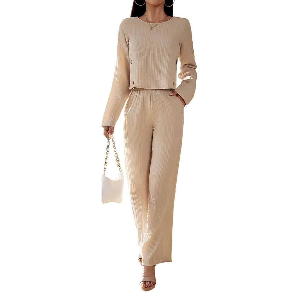 Women 2 Piece Plain Color Rib Lounge Set Long Sleeve Button Decor Top Mid Rise Straight Leg Pants Outfit Dark Apricot M