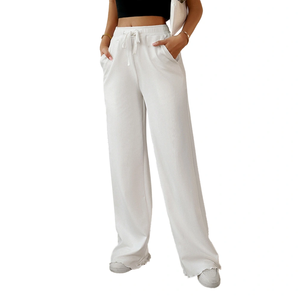 Straight Leg Loose Pants Drawstring Pure Color Elastic Mid Waist Leisure Long Pants for Woman White S