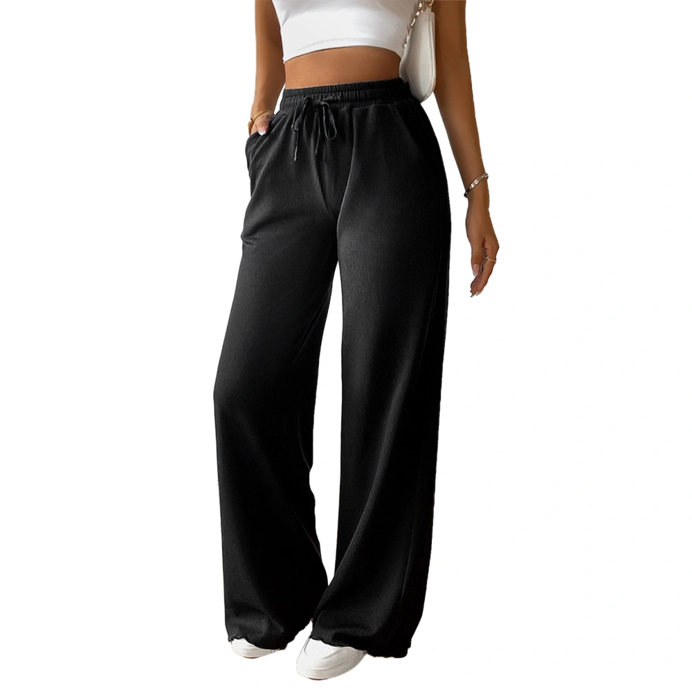 Straight Leg Loose Pants Drawstring Pure Color Elastic Mid Waist Leisure Long Pants for Woman Black XL