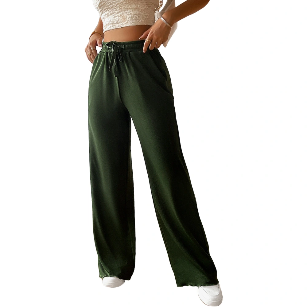 Straight Leg Loose Pants Drawstring Pure Color Elastic Mid Waist Leisure Long Pants for Woman OD Green M