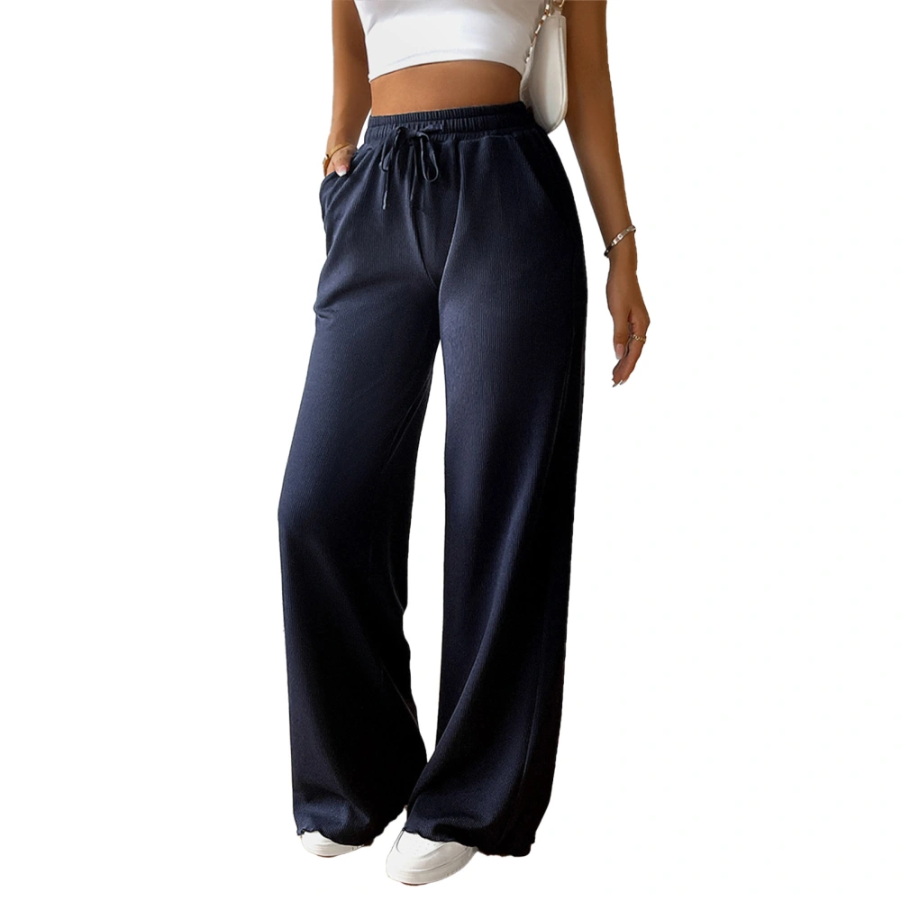 Straight Leg Loose Pants Drawstring Pure Color Elastic Mid Waist Leisure Long Pants for Woman Purplish Blue XL