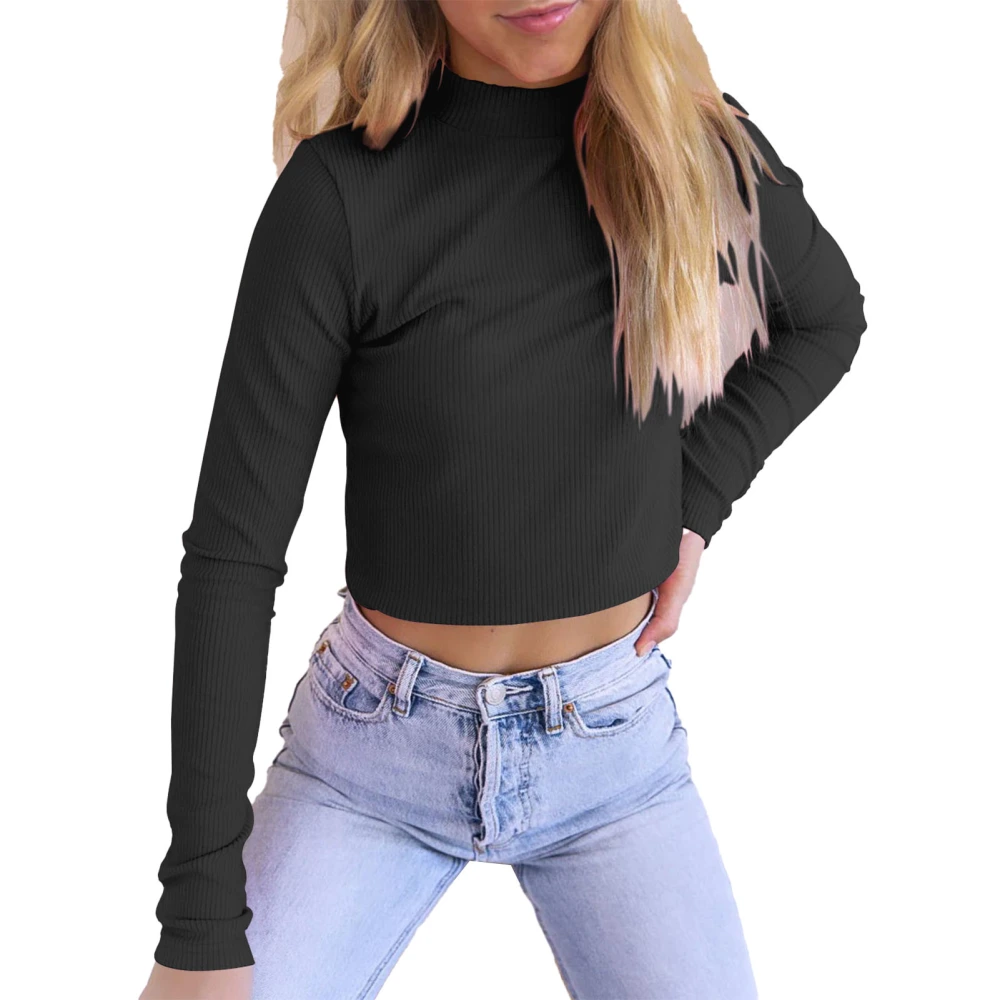 Woman Slim Fit Short Top Long Sleeve Pure Color Inner Cloth Stylish Half High Collar Rib Knit Short Top Black S