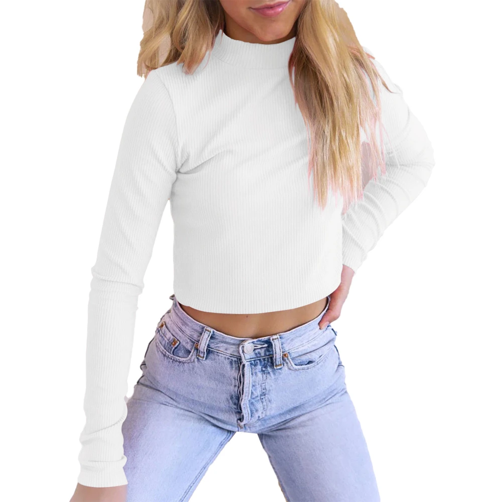 Woman Slim Fit Short Top Long Sleeve Pure Color Inner Cloth Stylish Half High Collar Rib Knit Short Top White L