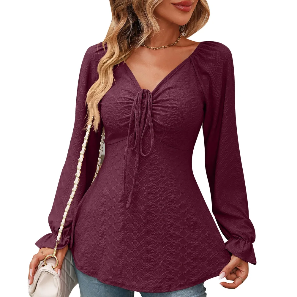 V Neckline Drawstring Ruched Blouse Long Sleeve Plain Color Drawstring Ruched Tunic Shirt Burgundy L