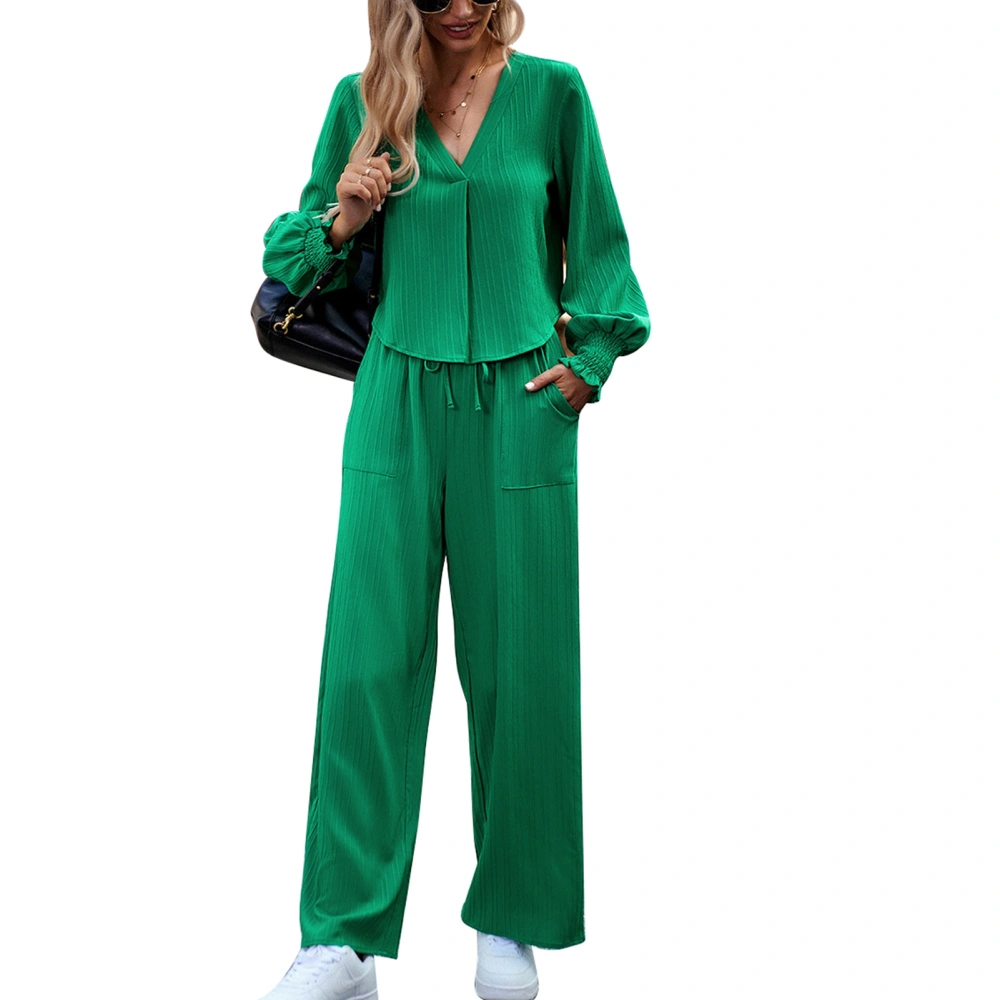 Women 2 Piece Leisure Outfits Pure Color Sets V Neck Shirred Top Mid Waist Drawstring Long Sleeve Pants Casual Outfits Green S