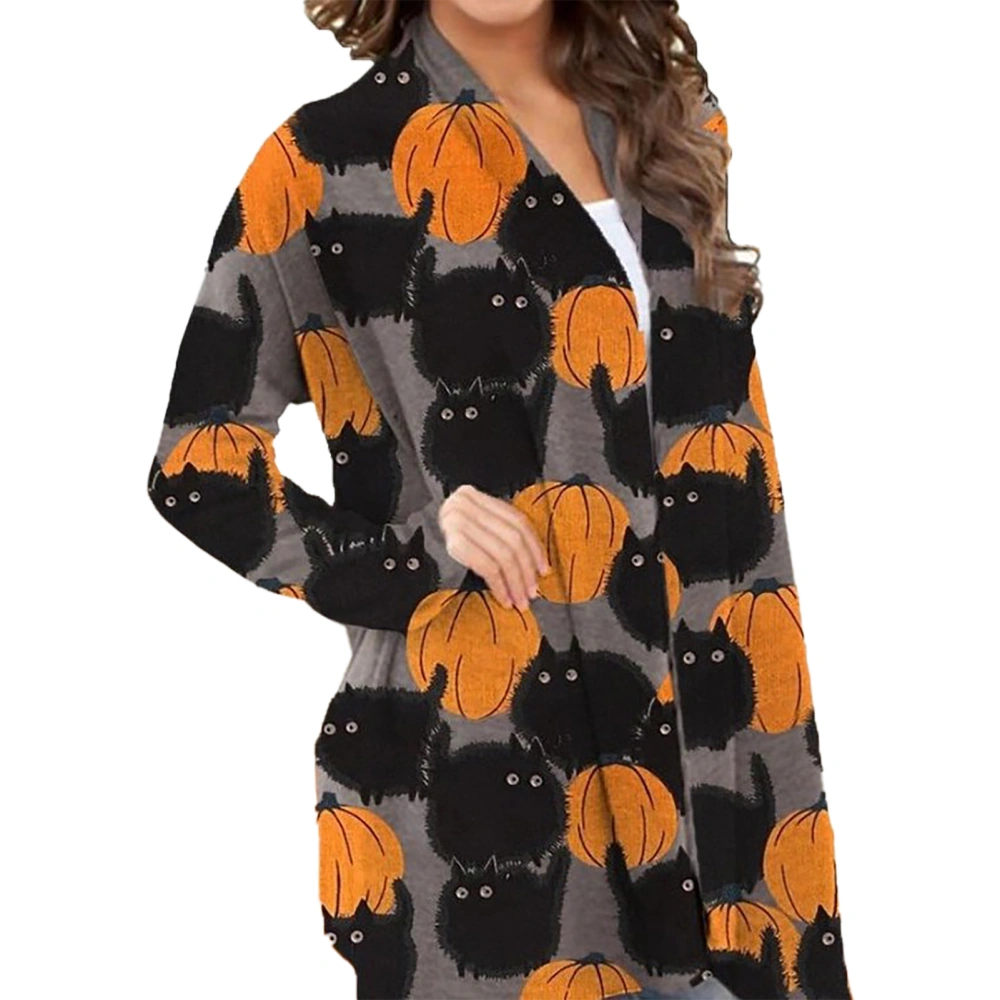 Woman Halloween Print Open Front Coat Halloween Pattern Loose Long Sleeve Leisure All Match Top Gray Pumpkin Cat M