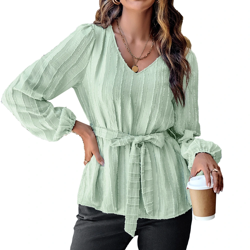 Women Tie Waist Blouse Long Lantern Sleeve V Neck Pure Color Striped Pullover Shirt Pea Green L