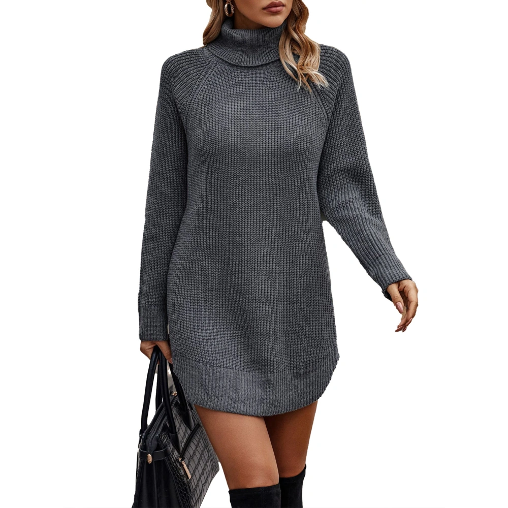 Women Sweater Dress Pure Color High Neck Long Sleeves Knit Dress One Piece for Fall Winter Grey L