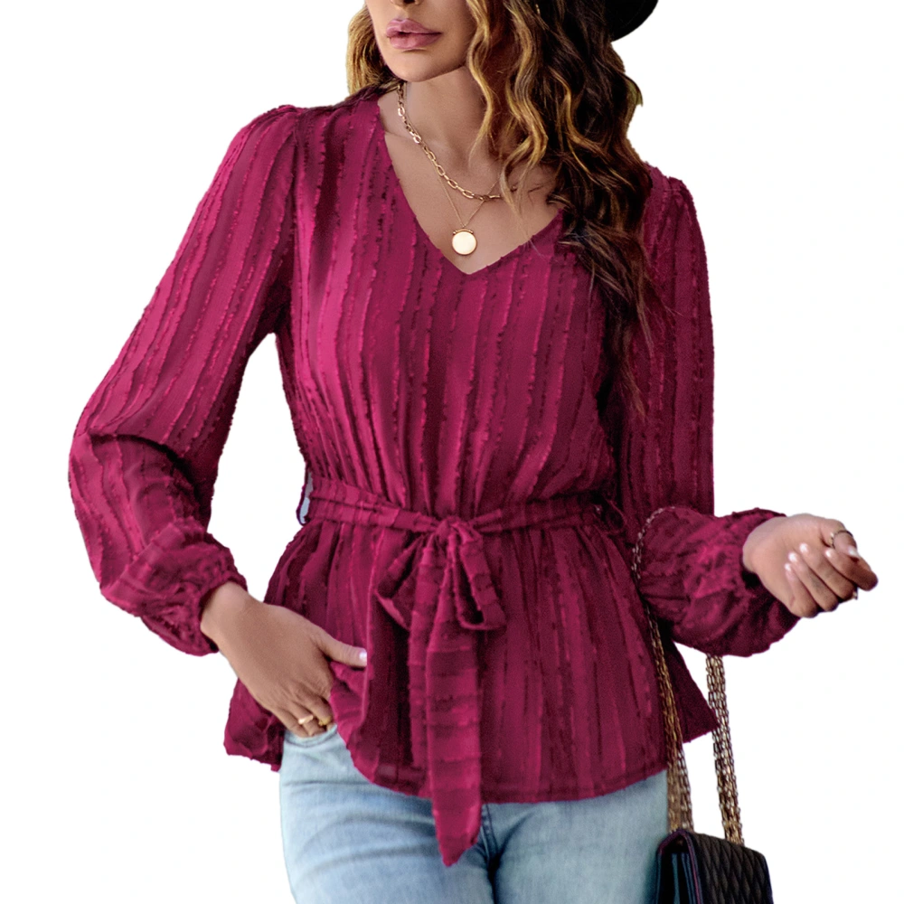 Women Tie Waist Blouse Long Lantern Sleeve V Neck Pure Color Striped Pullover Shirt Wine Red L