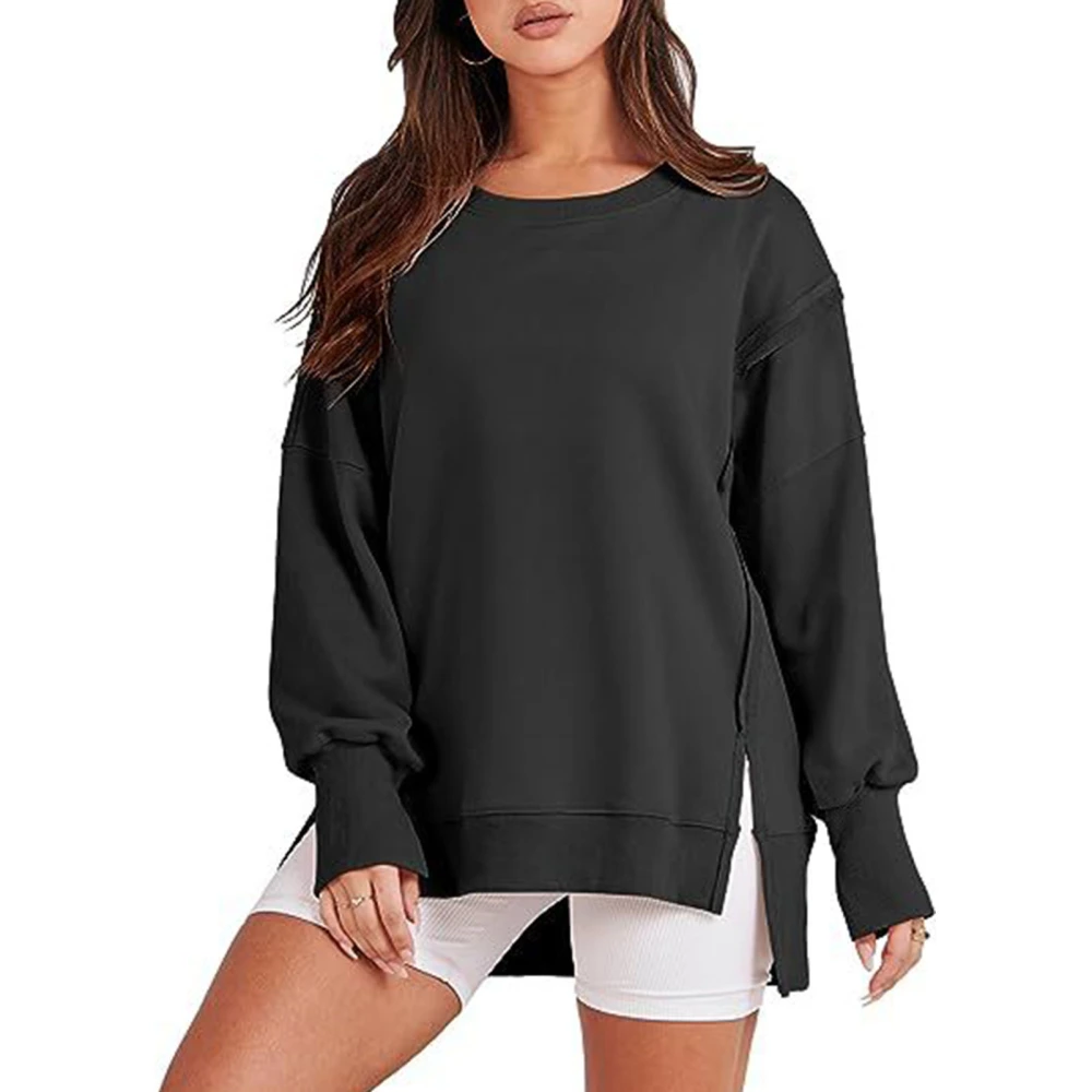 Side Split High Low Hem Sweatshirt Round Neck Drop Shoulder Sleeve Pullover Long Sleeve Leisure Top Sweatshirt for Woman Black XL