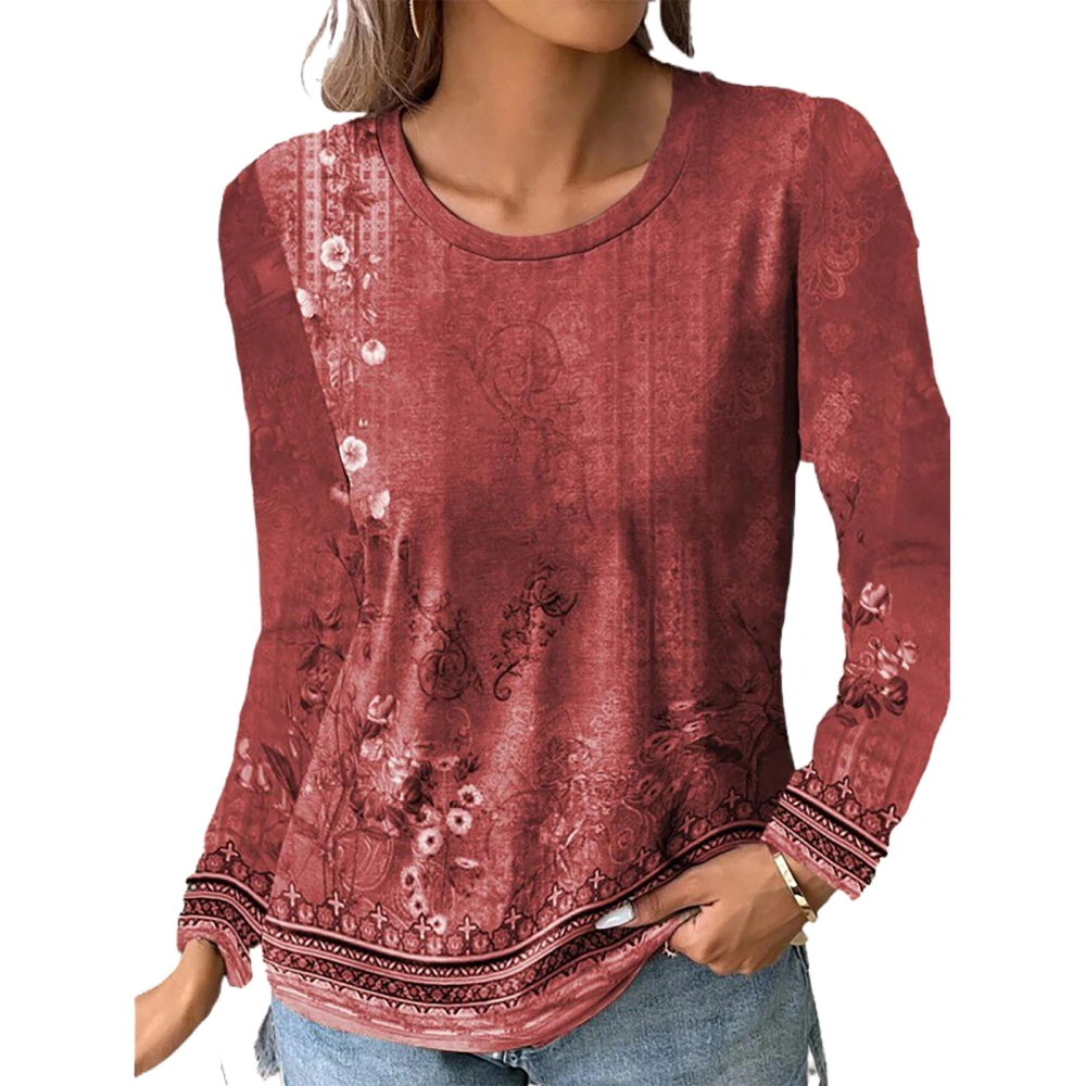 Round Neck Floral Blouse Long Sleeve Fashionable Casual Fitted Floral Printed Blouse for Women Red L