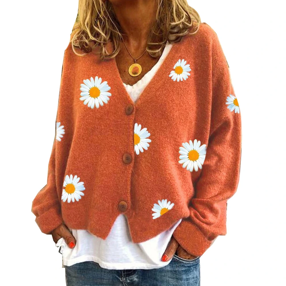 Women Long Sleeve Knit Cardigan Button Down Flower Patterned V Neck Regular Fit Knit Sweater for Office Dating Job Orange M