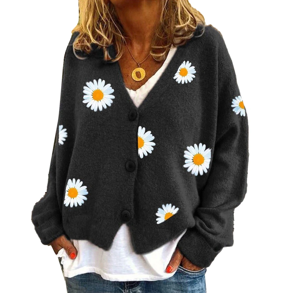 Women Long Sleeve Knit Cardigan Button Down Flower Patterned V Neck Regular Fit Knit Sweater for Office Dating Job Black XXL