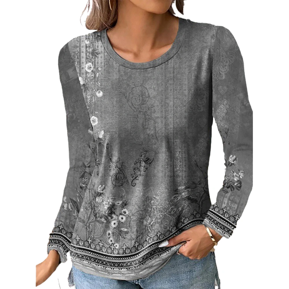 Round Neck Floral Blouse Long Sleeve Fashionable Casual Fitted Floral Printed Blouse for Women Grey L