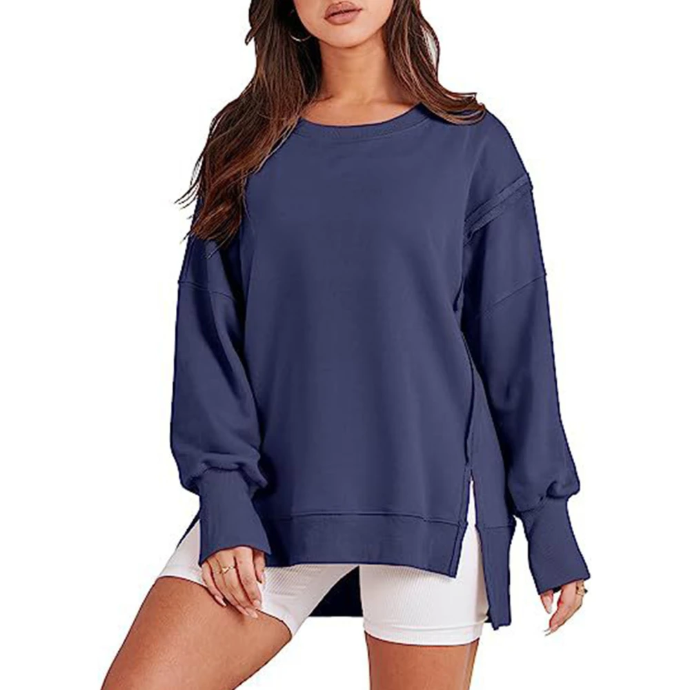 Side Split High Low Hem Sweatshirt Round Neck Drop Shoulder Sleeve Pullover Long Sleeve Leisure Top Sweatshirt for Woman Navy Blue S