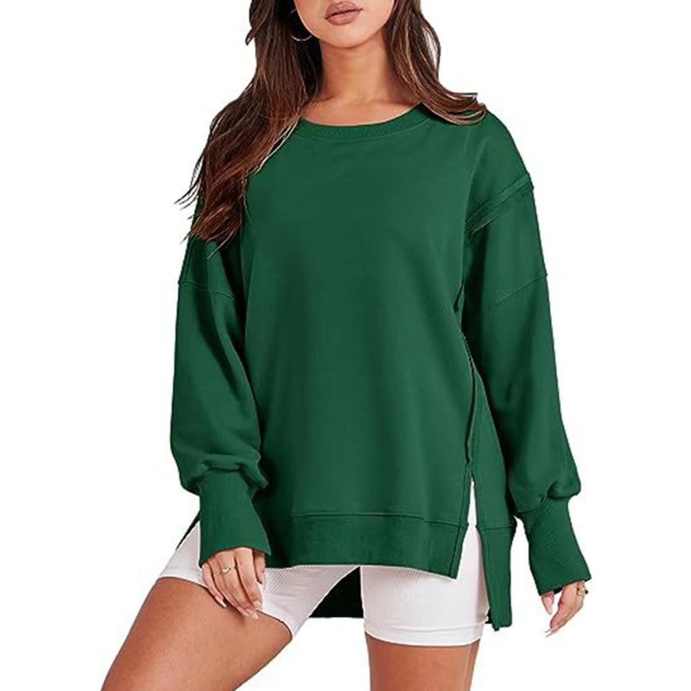 Side Split High Low Hem Sweatshirt Round Neck Drop Shoulder Sleeve Pullover Long Sleeve Leisure Top Sweatshirt for Woman Dark Green XXL