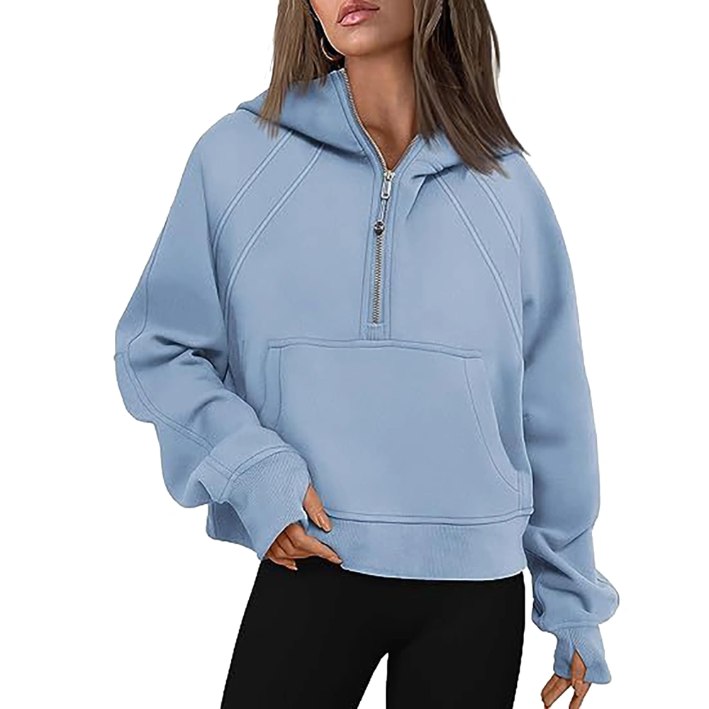 Half Zipper Hooded Pullover Turn Down Collar Long Sleeve Pocket Half Zipper Pullover for Women Light Blue M