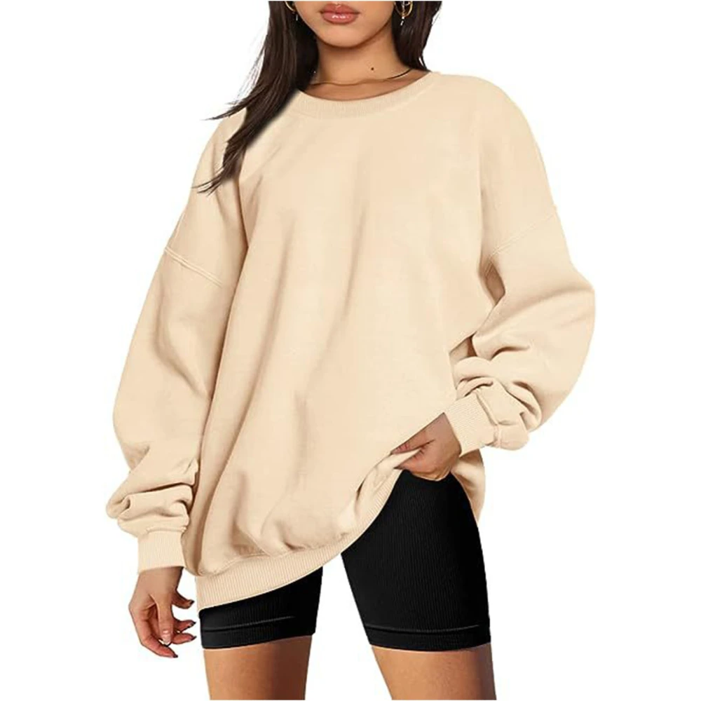 Women Sweatshirt Round Neck Pullover Loose Casual Oversized Style Drop Shoulder Pure Color Top for Office School Beige L