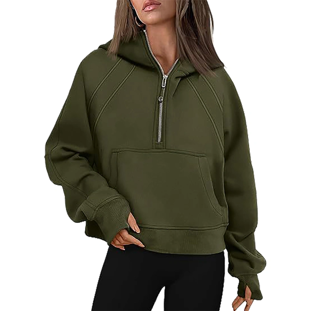 Half Zipper Hooded Pullover Turn Down Collar Long Sleeve Pocket Half Zipper Pullover for Women OD Green XL