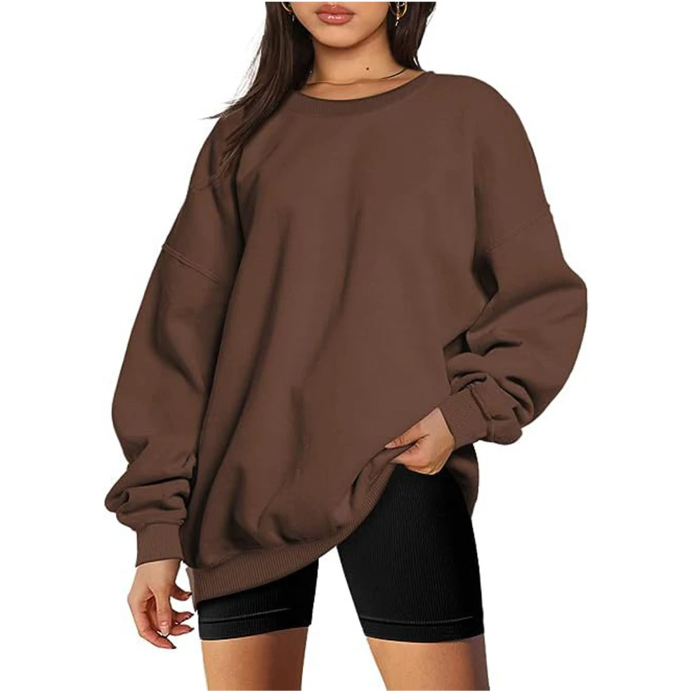 Women Sweatshirt Round Neck Pullover Loose Casual Oversized Style Drop Shoulder Pure Color Top for Office School Brown S