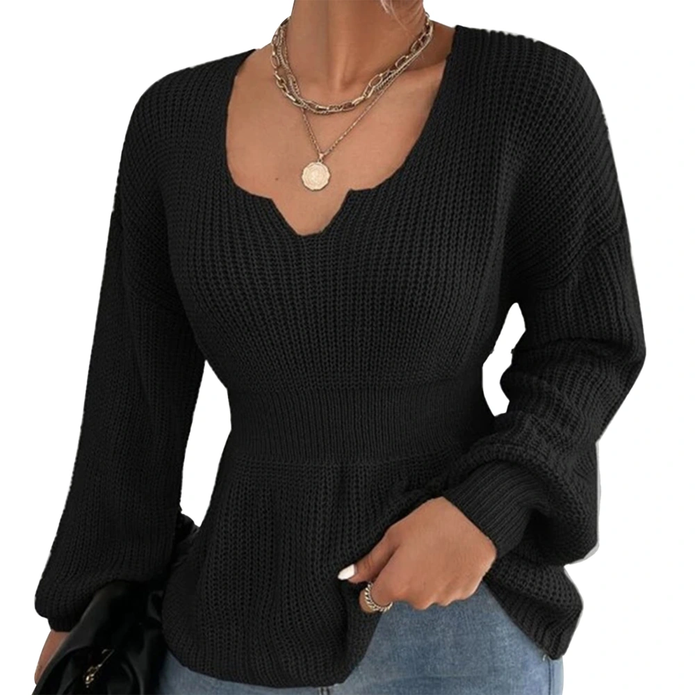 Women Lantern Sleeve Sweater Stylish Pure Color Pullover Slim Waist Sweater Tops for Fall Winter Black S