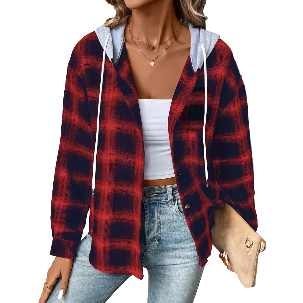 Women Plaid Hooded Jacket Button Down Long Sleeve Drawstring Casual Print Coat for Shopping Office School Red XL