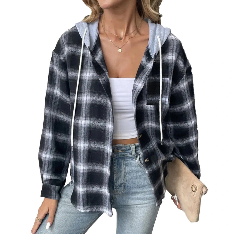 Women Plaid Hooded Jacket Button Down Long Sleeve Drawstring Casual Print Coat for Shopping Office School Black M