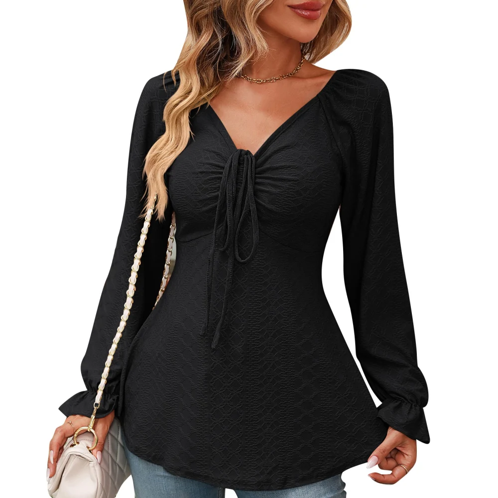 V Neckline Drawstring Ruched Blouse Long Sleeve Plain Color Drawstring Ruched Tunic Shirt Black S