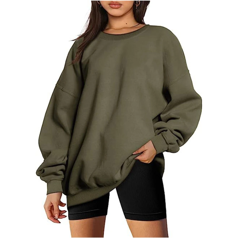 Women Sweatshirt Round Neck Pullover Loose Casual Oversized Style Drop Shoulder Pure Color Top for Office School OD Green XL