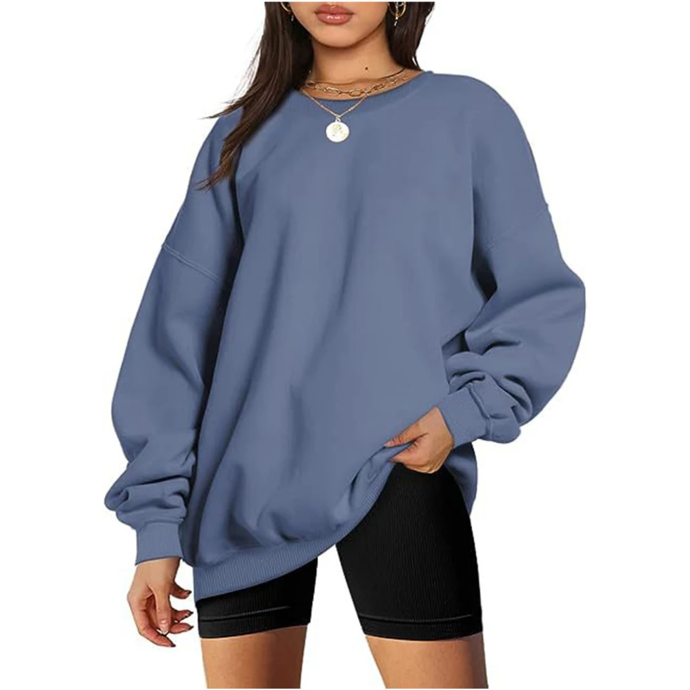 Women Sweatshirt Round Neck Pullover Loose Casual Oversized Style Drop Shoulder Pure Color Top for Office School Navy Blue L