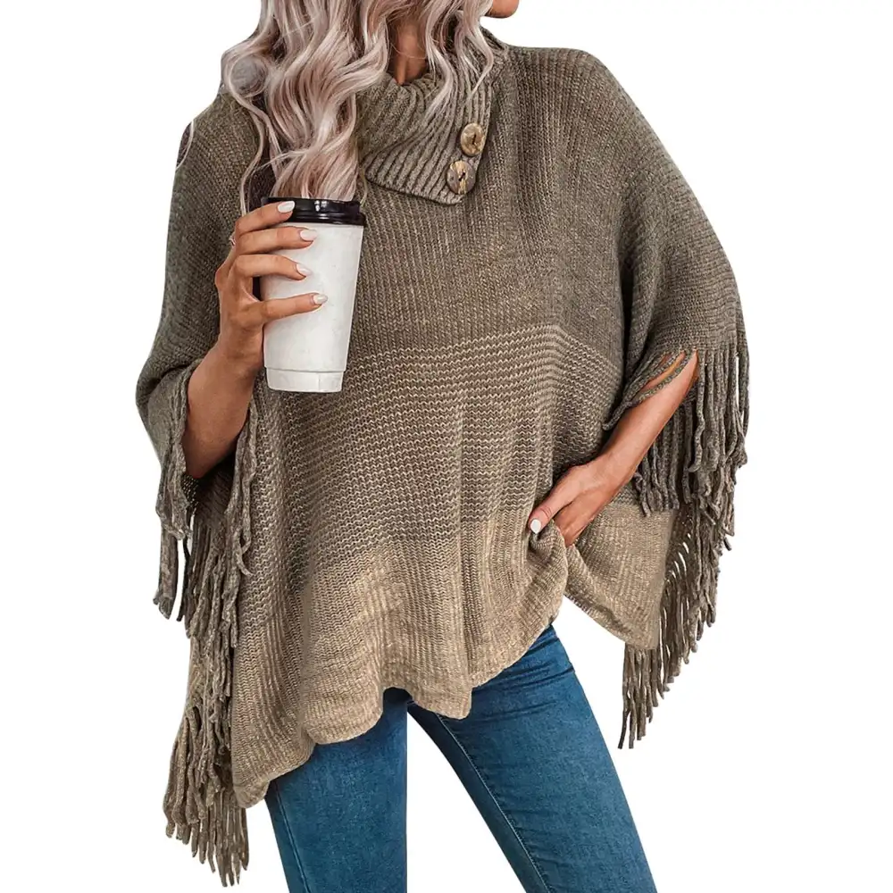 Women Turtleneck Pullover Sweater Loose Fit Gradient Button Decor Tassel Shawl Wrap Sweater Khaki L