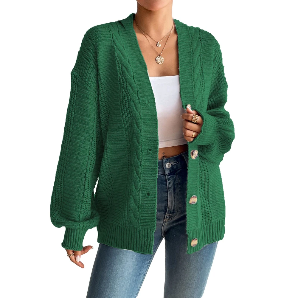 Women Sweater Coat Long Sleeves Button Down Open Front Pure Color Cable Knit Drop Shoulder for Fall Outdoor Green M