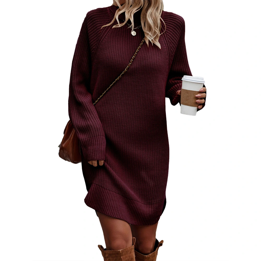 Women Sweater Dress Pure Color High Neck Long Sleeves Knit Dress One Piece for Fall Winter Wine Red XL