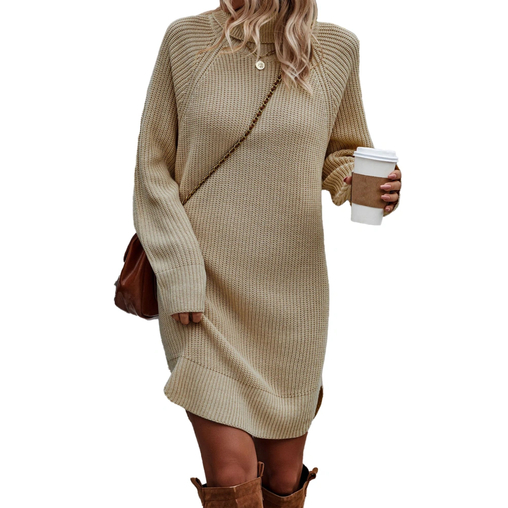 Women Sweater Dress Pure Color High Neck Long Sleeves Knit Dress One Piece for Fall Winter Apricot L