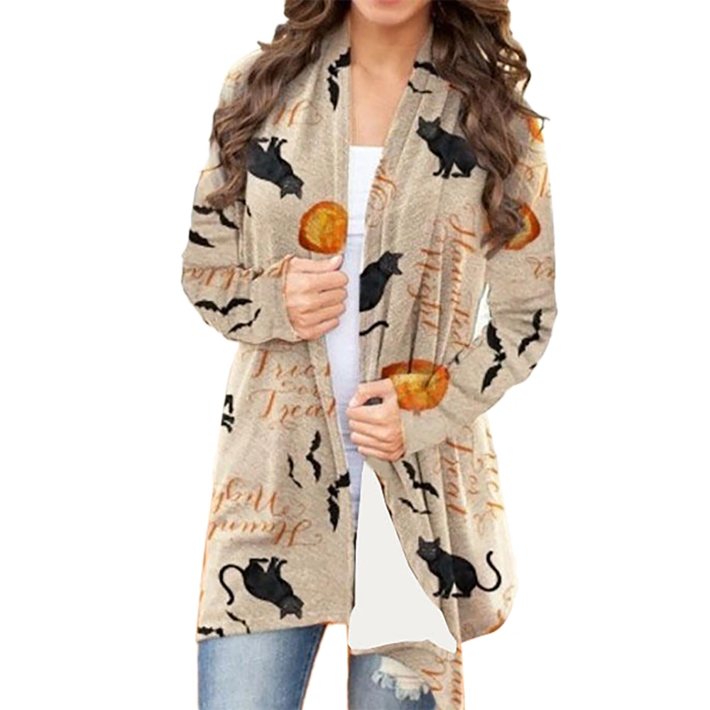 Woman Halloween Print Open Front Coat Halloween Pattern Loose Long Sleeve Leisure All Match Top Apricot Bat L