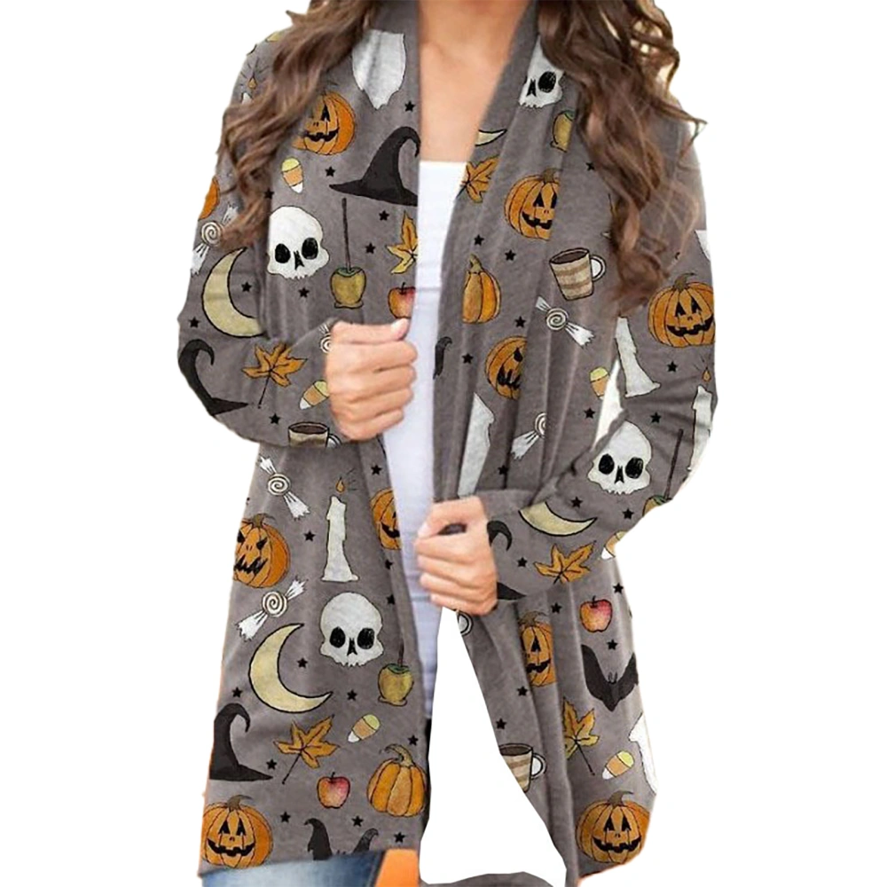 Woman Halloween Print Open Front Coat Halloween Pattern Loose Long Sleeve Leisure All Match Top Gray Pumpkin Horrible Pattern S