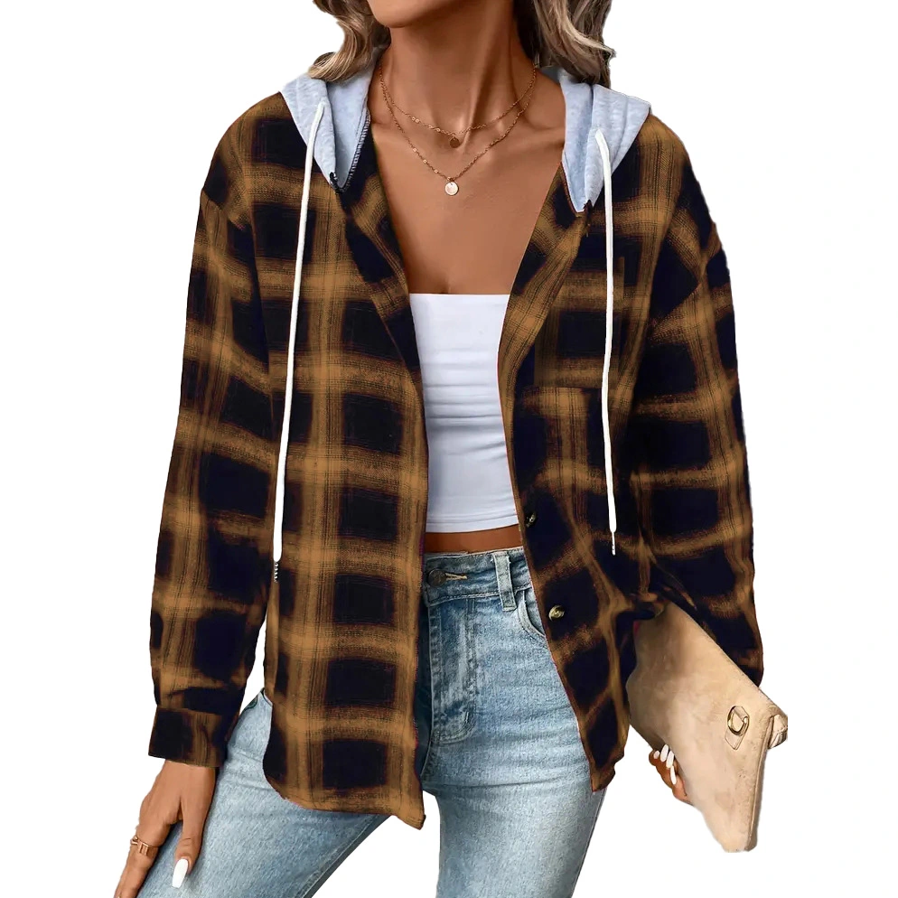 Women Plaid Hooded Jacket Button Down Long Sleeve Drawstring Casual Print Coat for Shopping Office School Brown XXL