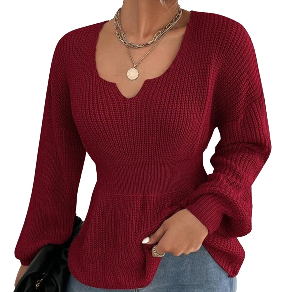 Women Lantern Sleeve Sweater Stylish Pure Color Pullover Slim Waist Sweater Tops for Fall Winter Wine Red XL